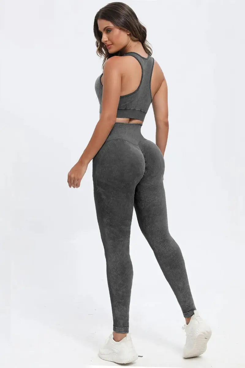 3 Piece Washed Square Neck Wide Strap Active Set for Women - Love Salve